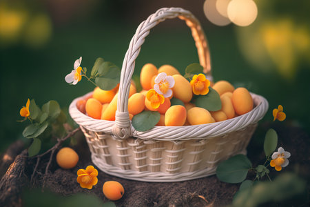 Delicious fresh apricots in a basket on nature outdoor background. AI generated image.の素材