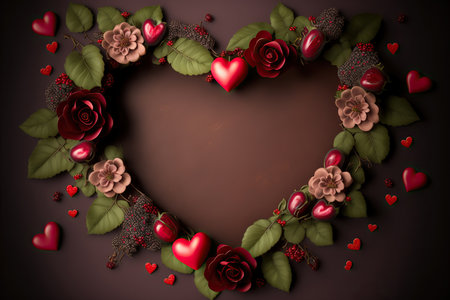 St. Valentine greeting card layout with beautiful hearts, leaves and roses. Blank place for text. AI generated picture.の素材