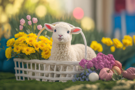 Adorable Easter lamb in a basket, spring holiday concept Selective focus.. AI generated image.の素材