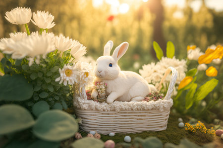 Adorable white Easter rabbit on spring nature background. AI generative image.の素材