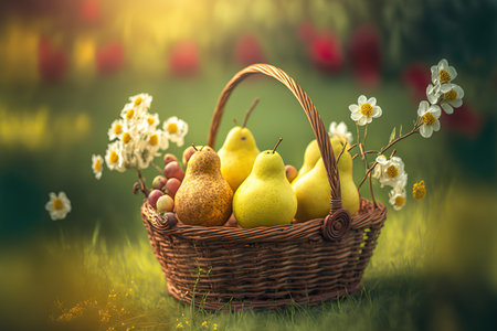 Delicious fresh pears in a basket on nature background, healthy diet. AI generated imageの素材