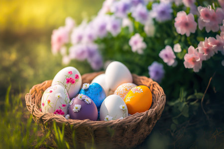 Basket with painted Easter eggs, floral nature background. selective focus. AI generated image.の素材