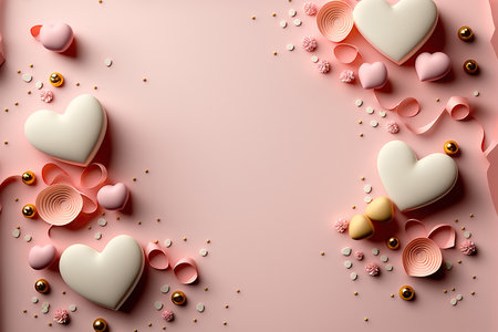 Beautiful horizontal St. Valentine greeting card layout with hearts and blank place for text. AI generated picture.の素材