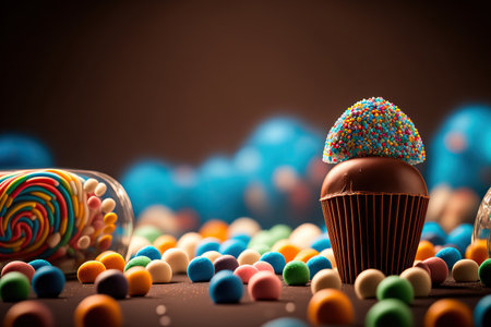 Tasty close up different sweets. Horizontal banner with copy space. AI generated image. Confectionary products. AI generated image.の素材