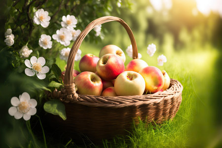 Delicious fresh apples in a basket on nature background, healthy diet. AI generated imageの素材