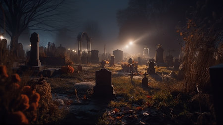Illustration of spooky graveyard, halloween cemetery background with copy space. outdoor backdrop. AI generative image.の素材