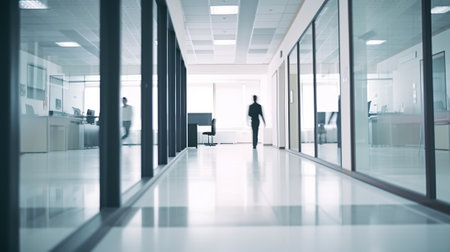 Office corridor, long exposure, motion blur effect, modern business center interior with blurred rushing people. indoor horizontal background. office life concept. AI generative image.の素材