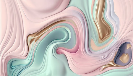 Beautiful abstract soft colored wavy background with pastel pink, gold and pale green colors. Paint swirls like a marble texture. Modern art horizontal background. AI generative image.の素材