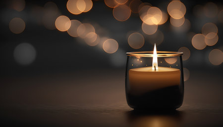 Close up candle burning on dark blurred background. decorative element. Morning symbol illustration. horizontal banner. AI generative image.の素材