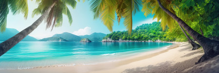 Panoramic banner for web traveling site with beautiful tropical beach scene with palm trees and sandy sea coast. outdoor south nature horizontal background. AI generative image.の素材