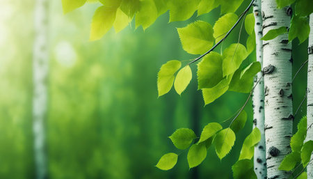 Beautiful spring fresh birch leaves outdoor nature background with copy space. Horizontal banner with copy space. AI generative image.の素材