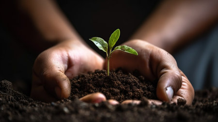 Close up human's hands with soil and fresh spring sprout. New beginning concept with young plant. organic life illustration. dark background. AI generative image.の素材