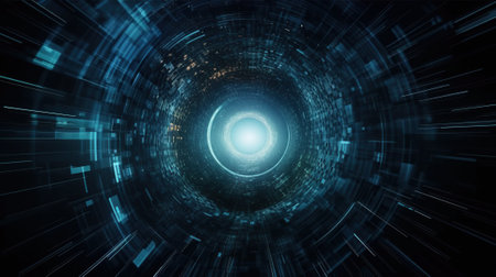Digital cyberspace tunnel abstract horizontal background with copy space. blue color. Cyber data vortex illustration. AI generative image.の素材