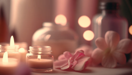 Beautiful spa concept pink background. Natural organic skin and body care cosmetic products. Indoor horizontal background with copy space. AI generative image.の素材