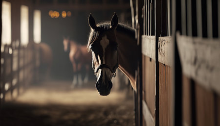 illustration of horse stable interior. Indoor horizontal background with copy space. AI generative image.の素材