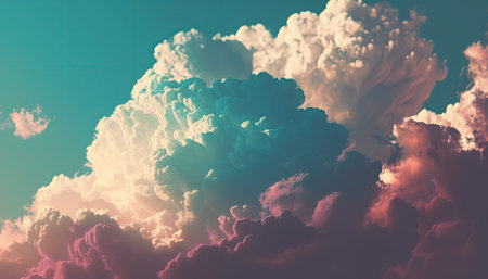 Beautiful retro style illustration of sky with bright blue, purple and pink clouds. abstract horizontal background. AI generative image.の素材