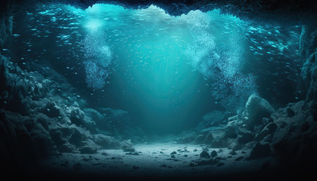 Beautiful abstract underwater scene, deep ocean blue water backdrop with copy space. seascape horizontal background. AI generative image.の素材