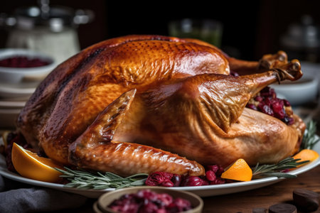 Close up plate with baked turkey on table. Traditional thanksgiving holiday meal. Tasty food indoor illustration. horizontal format. AI generative image.の素材