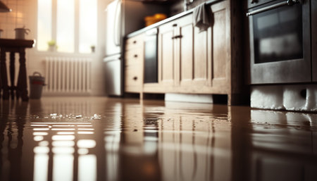 Flooding in the house interior, insurance case. Flood horizontal background with copy space. AI generative image.の素材
