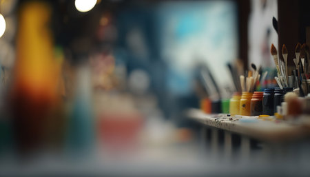 Close up paintbrushes on blurred indoor artistic studio horizontal background. art tools. AI generative image.の素材