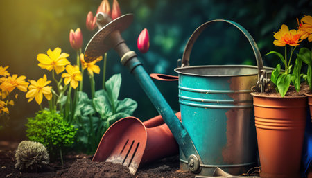 Cozy country sunny garden outdoor background with watering can, flowers and plants. Horizontal banner with copy space. AI generative image.の素材