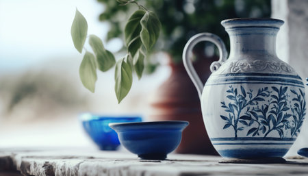 Abstract mediterranean style still life with big ceramic jug. Summer outdoor blurred horizontal background with copy space. AI generative image.の素材