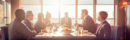 Panoramic view of diverse business meeting in restaurant or cafe interior at sunset. Focus on table, colleagues discussing work project. Horizontal banner with copy space. AI generative image.の素材