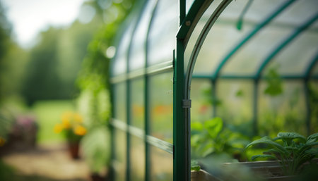 Greenhouse with greenery plants. Agricultural horizontal banner with copy space. AI generative image.の素材