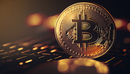 Illustration of bitcoin currency, blurred horizontal background with copy space. AI generative image.の素材