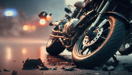 Motorcycle crash road accident with broken motorbike. city background. Horizontal banner with copy space. AI generative image.の素材