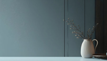 Modern minimal scandinavian style still life with plant and copy space. Light soft colored horizontal backdrop. AI generative image.の素材