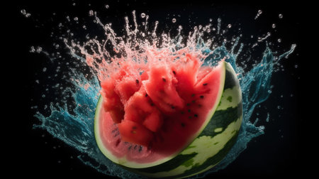 Watermelon juicy explosion with water splashes on black background. Freeze moment illustration. Summer delicious and healthy food concept. AI generative image.の素材