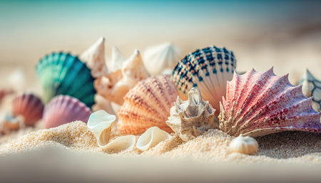 Close up different seashells on sand with blurred sea water backdrop. Tropical summer beach outdoor horizontal background. AI generative image.の素材
