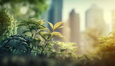 Spring fresh green leaves on blurred big city background. Nature in metropolis outdoor horizontal backdrop with copy space. AI generative image.の素材