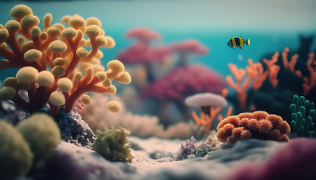 Beautiful underwater scene with coral reef ocean bottom horizontal background. tropical marine nature backdrop. AI generative image.の素材