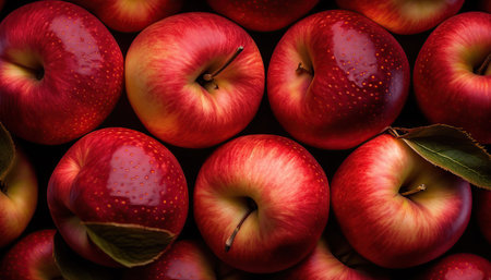 Horizontal banner with close up red ripe delicious apples. fresh fruit. Organic healthy food. AI generative image.の素材