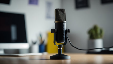 Close up microphone and blurred podcasting studio indoor horizontal background. Broadcast concept. AI generative image.の素材