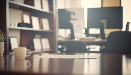 Abstract modern office interior with pc workplace. business horizontal indoor background. AI generative image.の素材