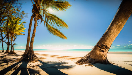 Beautiful sunny landscape with ocean sandy coast and palm trees. Calm water and blue sky. outdoor horizontal background. AI generative image.の素材
