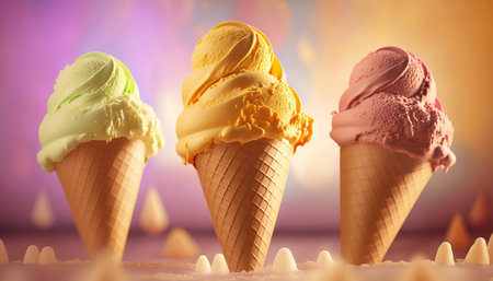 Advertising horizontal banner with different flavored ice cream cones on abstract background with copy space. AI generative image.の素材