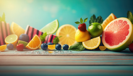 Close up fruits and juice on wooden table, blurred tropical summer outdoor horizontal background with copy space. AI generative image.の素材