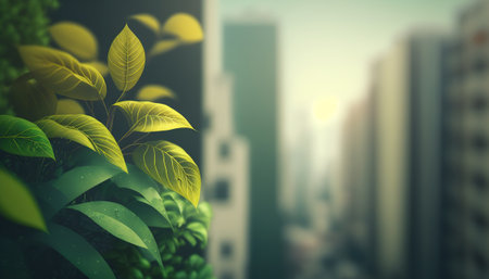 Spring fresh green leaves on blurred big city background. Nature in metropolis outdoor horizontal backdrop with copy space. AI generative image.の素材