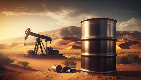 Oil pump, fuel produce illustration. Industrial horizontal background with copy space. AI generative image.の素材