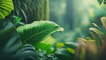 Beautiful different tropical leaves on blurred jungle horizontal background with copy space. Rainforest outdoor backdrop with place for text. AI generative image.の素材