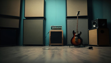 Abstract music rehearsal base with guitar and other equipment. indoor horizontal background. AI generative image.の素材