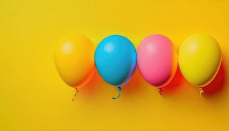 Multicolored balloons on yellow background with copy space. Horizontal banner or greeting card template. AI generative image.の素材