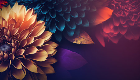 Beautiful floral horizontal banner with Dahlia flowers and copy space. AI generative image.の素材