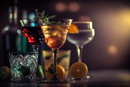 Different cocktails on counter with blurred bar background. horizontal format. AI generative images.の素材