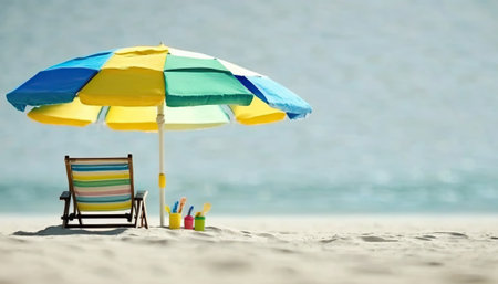 Sunny calm ocean sandy coast background with beach chair and big multicolored umbrella. Sea shore resort outdoor horizontal backdrop. AI generative image.の素材