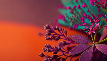 Beautiful abstract floral horizontal banner with copy space. Close up fresh summer flowers on blurred backdrop. greeting card template. AI generative image.の素材
